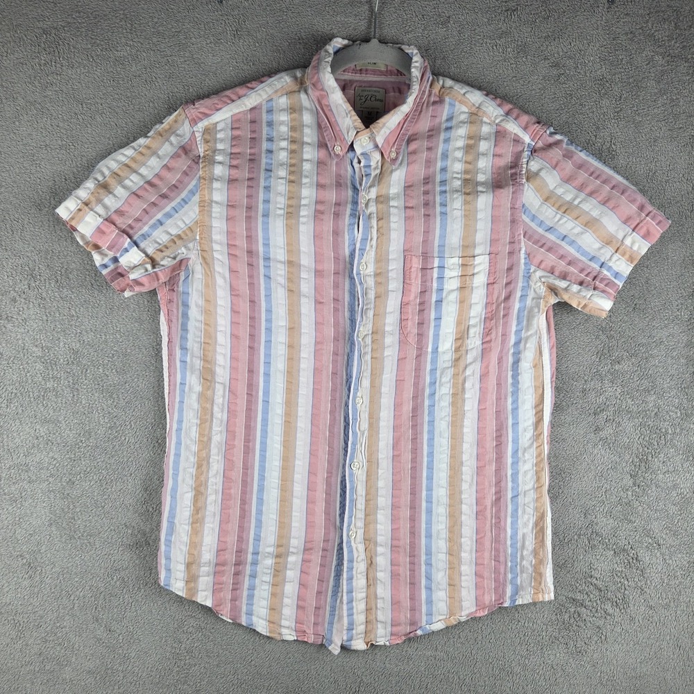 J. Crew Seersucker Slim Fit Striped Button Down Shirt Mens Medium Organic Cotton